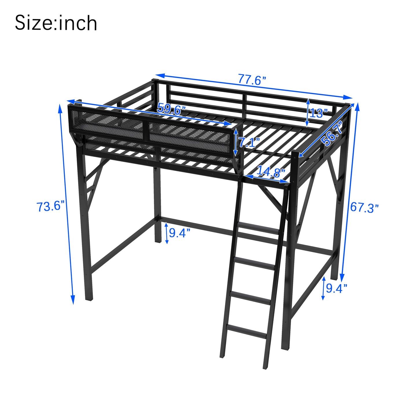 Full Size Loft Bed with Ladder, Metal Full Loft Bed with Storage Shelves, High Loft Bed for Kids Teens, Black(Expect Arrival Date 2025/11/26, Old SKU W2580P353531)