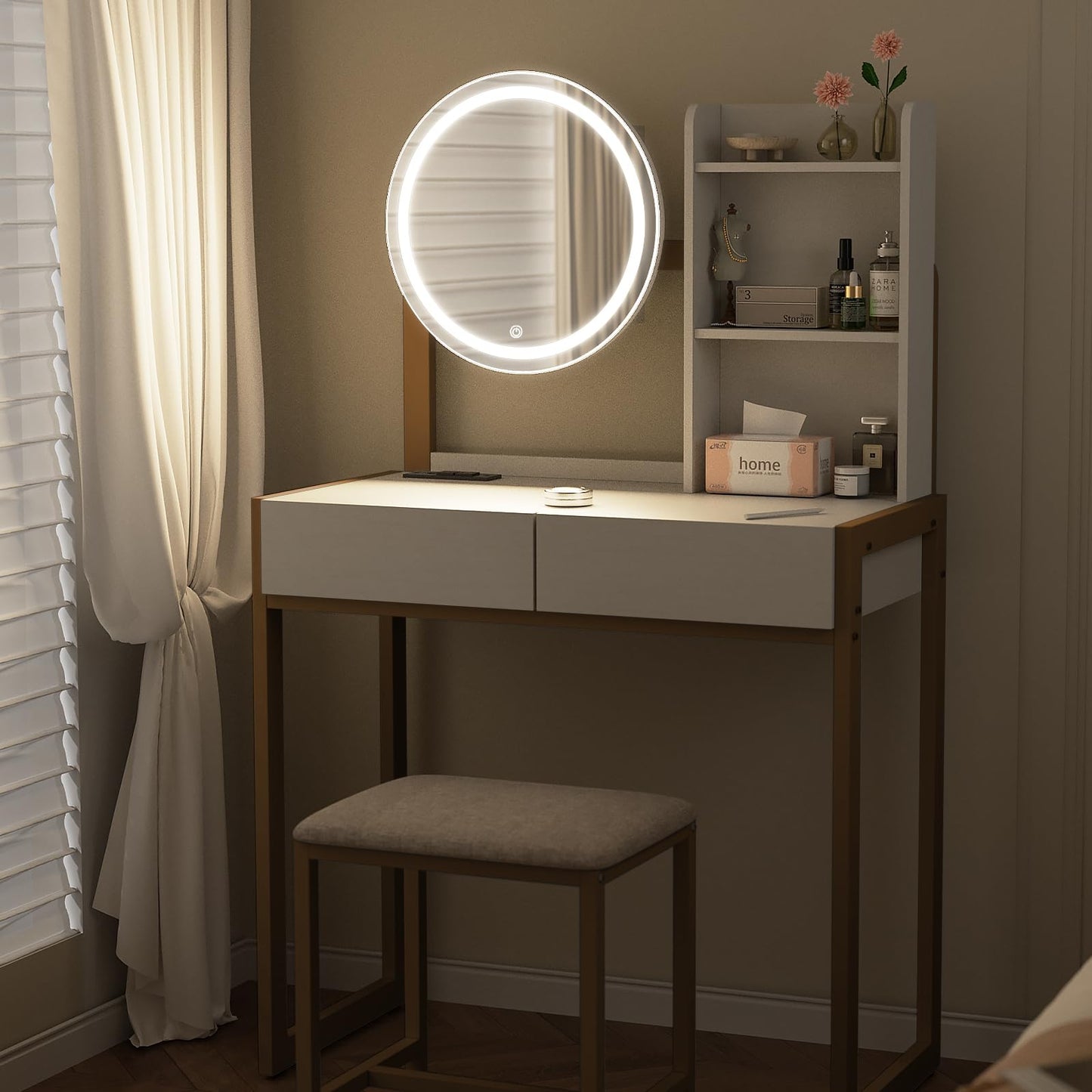 Small Vanity Desk with Mirror and Lights