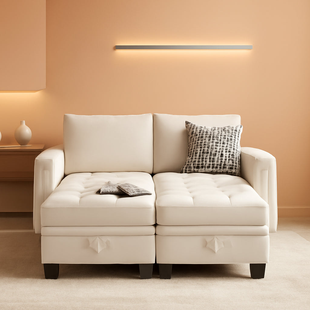 Beige Velvet Modular Sectional Sofa With Storage Sleeper