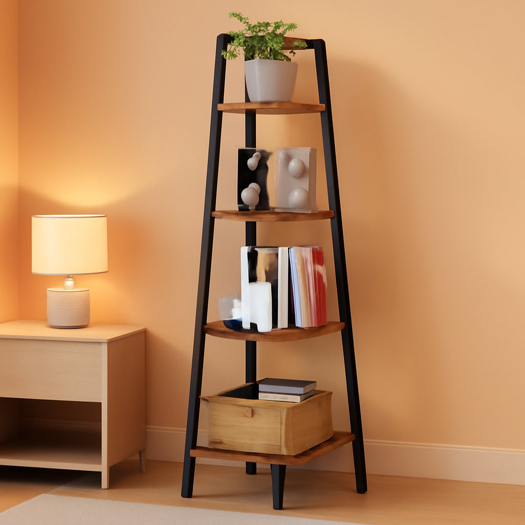 4 Tier Corner Bookshelf With Metal Frame Ladder Display