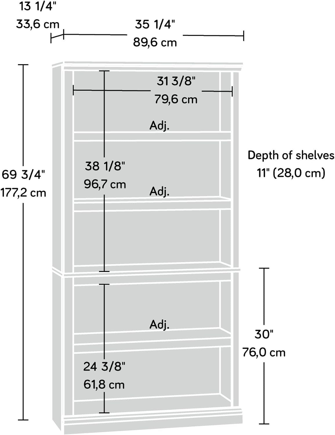 Five Shelf Bookcase Jamocha Wood With Adjustable Shelves