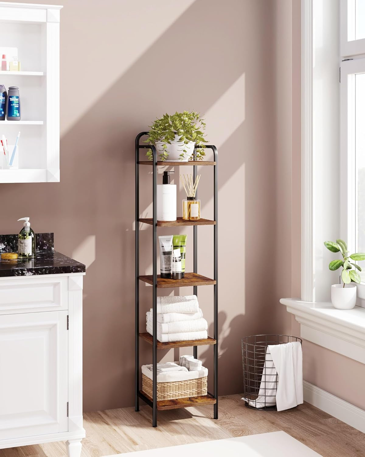 5-Tier Industrial Corner Shelf Narrow Rustic Black Bookcase
