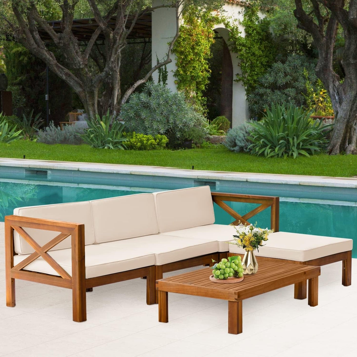 Acacia Wood Outdoor 5 Piece Patio Set With Cushions