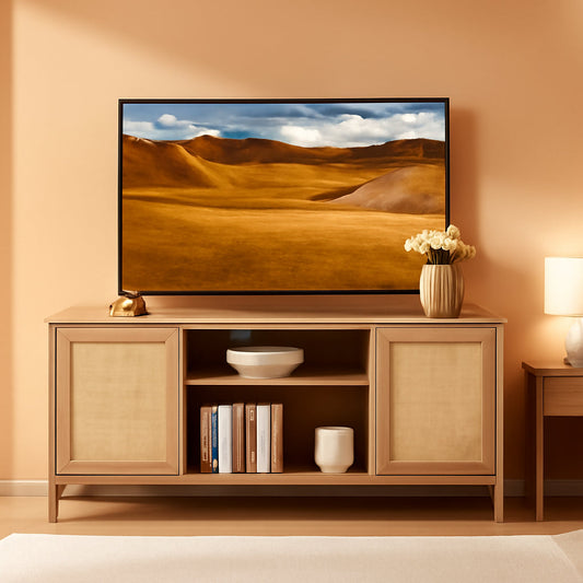 Boho Rattan TV Stand With Adjustable Shelves 59 Inch Oak