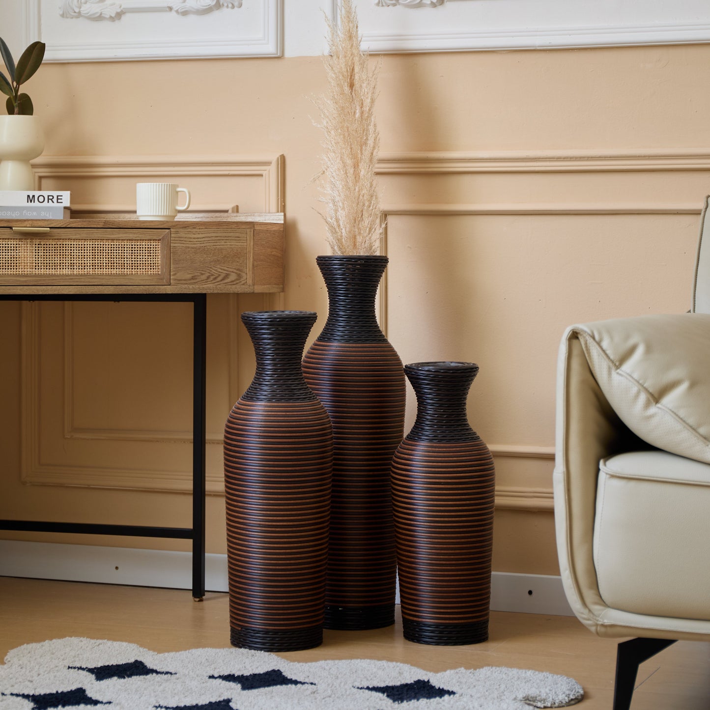 Hand-Woven PVC Rattan Vases, Set of 3