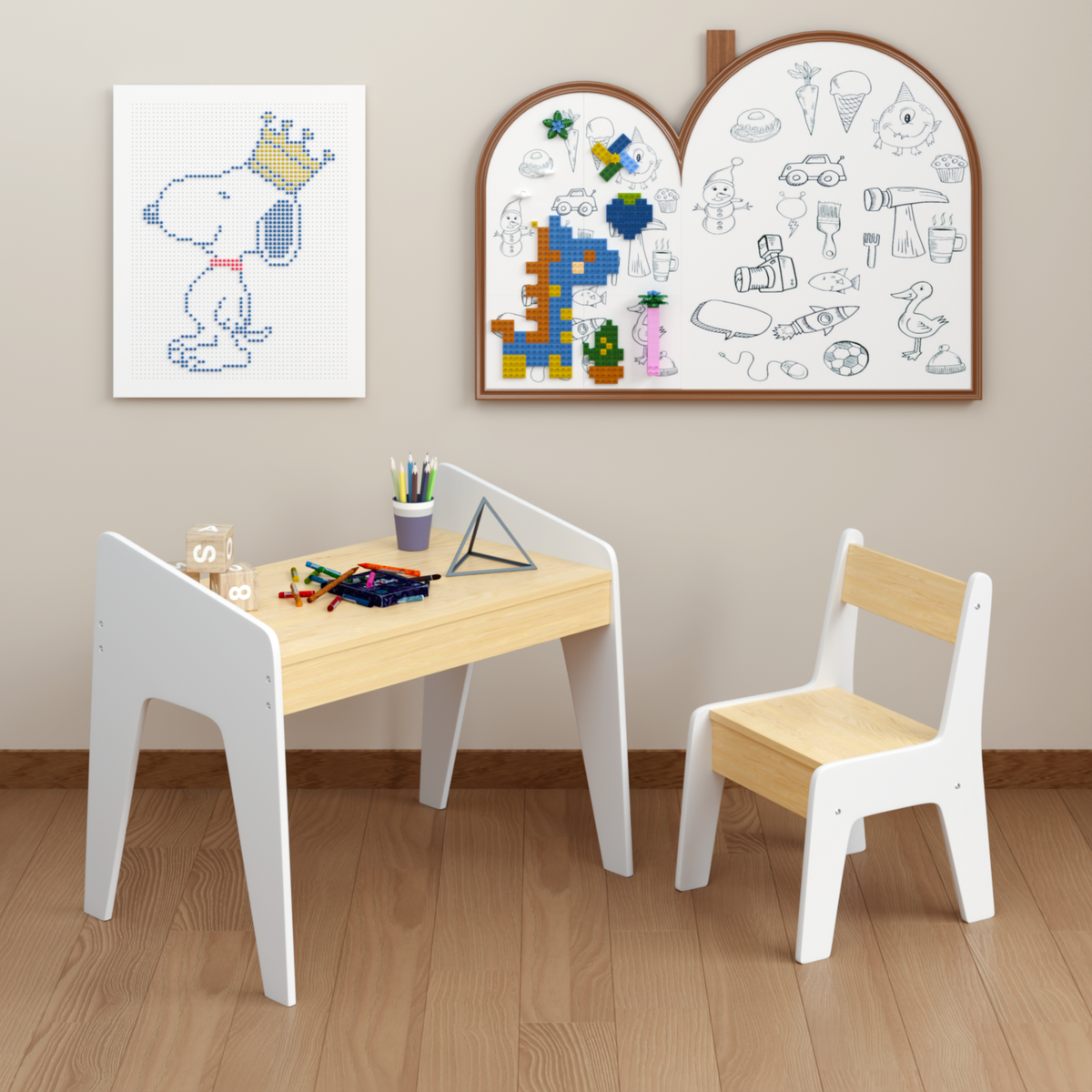 Kids Table Set with One Chair, Wooden Children Study Table