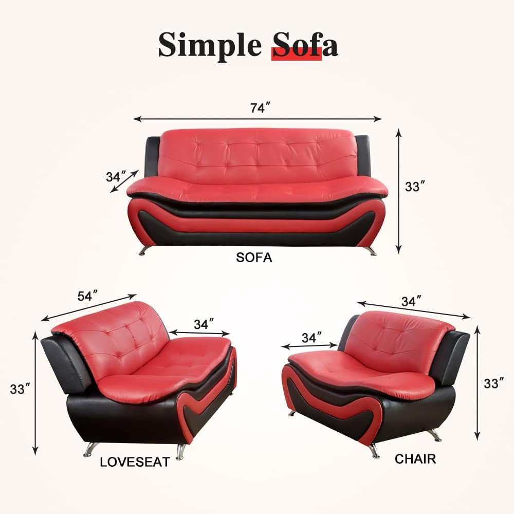 Living Room Sofa Set 3-Piece Faux Leather Black Red