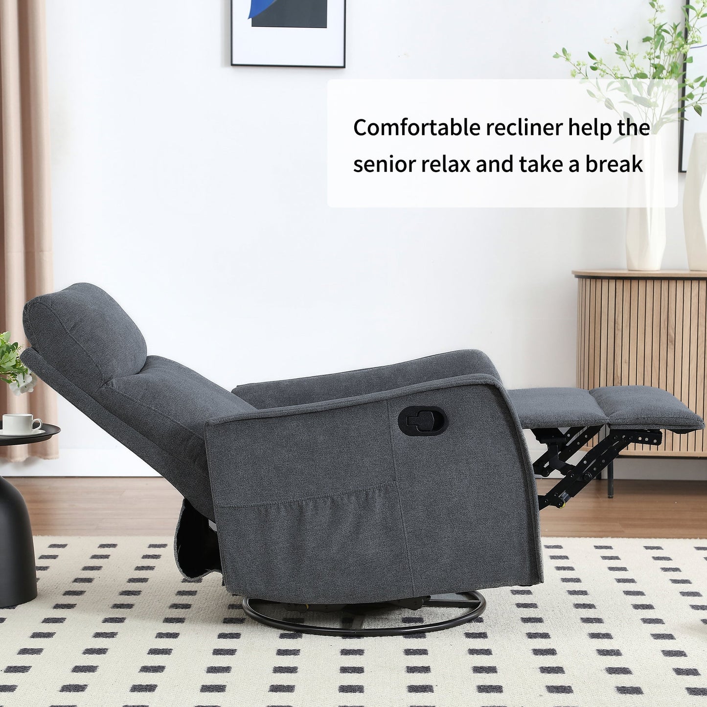 Heat Massage Manual Recliner Chair with Rocker and Swivel in Fabric for Living Room, Grey