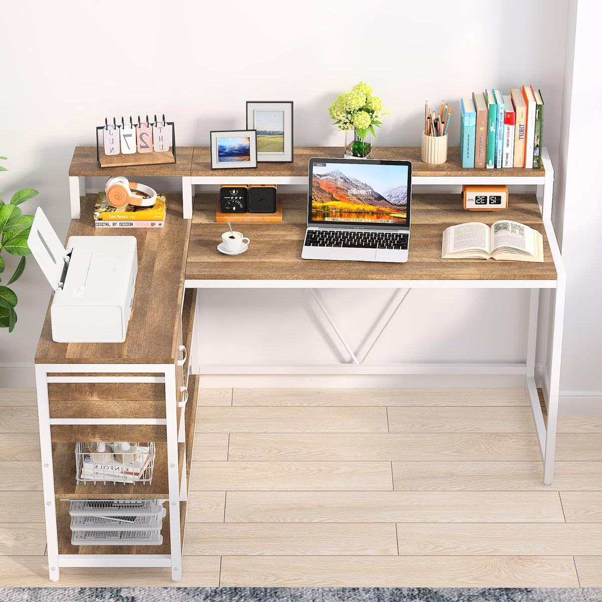 55-Inch L-Shaped Home Office Desk with Monitor Riser