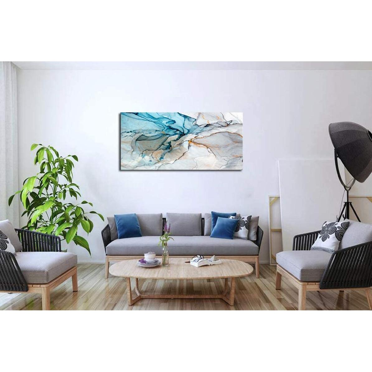 Framed Large 28x56 Inch Abstract Wall Art Giclée Print in a modern living room with stylish furniture.
