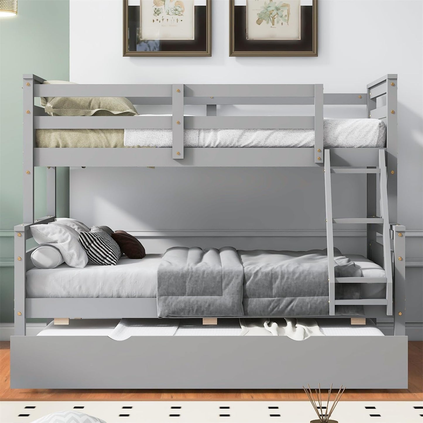 Grey Trundle Bunk Bed Twin Over Full With Guardrail