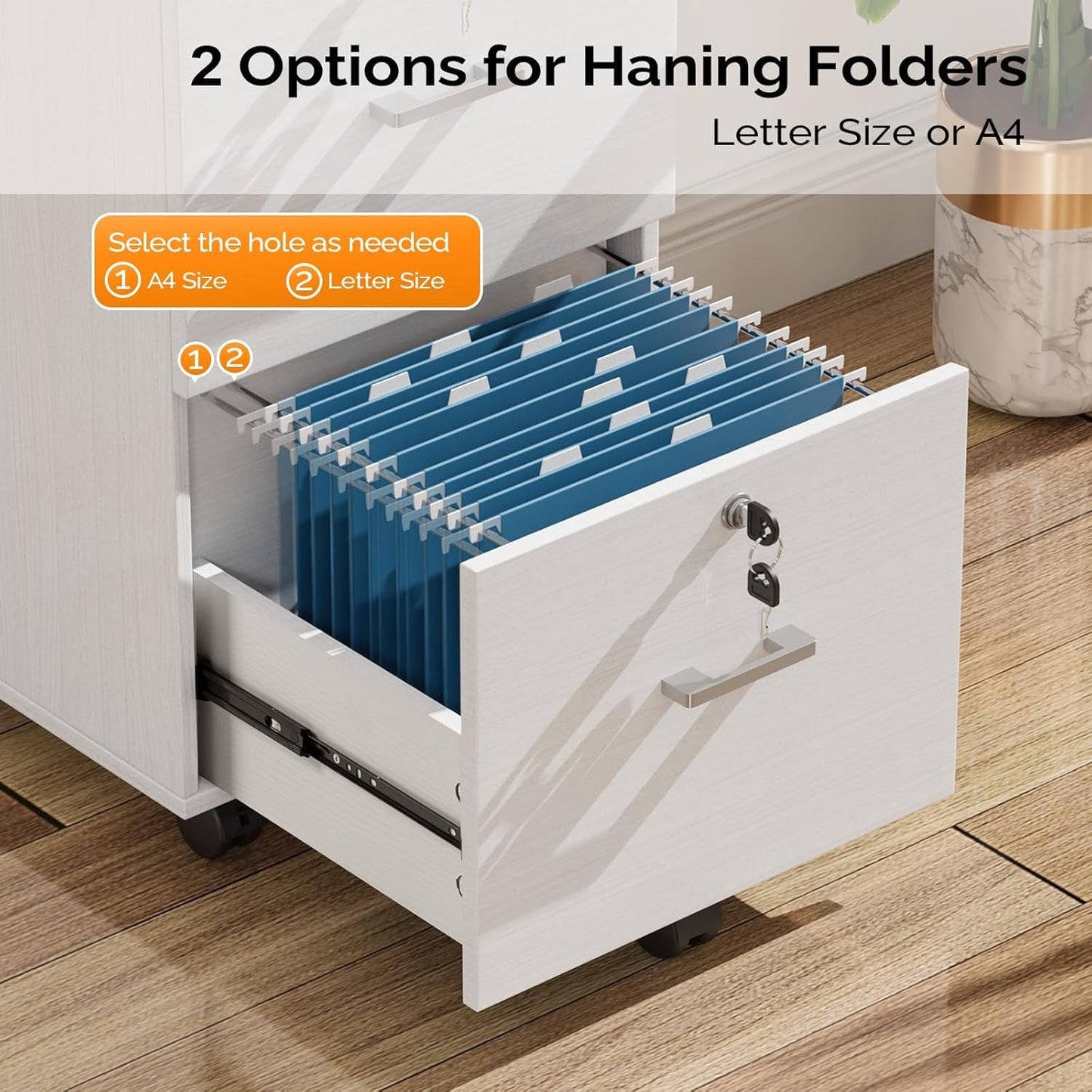 2 Drawer Locking File Cabinet For Letter Size Folders With Tabs, Mobile Under Desk