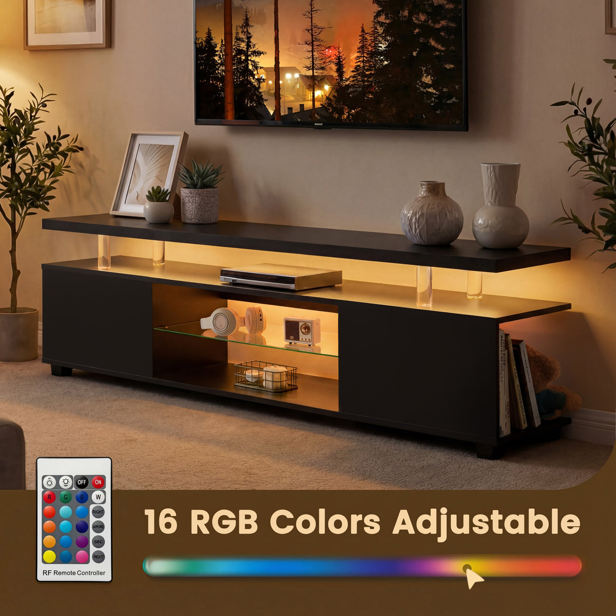 Black TV Stand for 60 Inch TV with LED Strip Lights