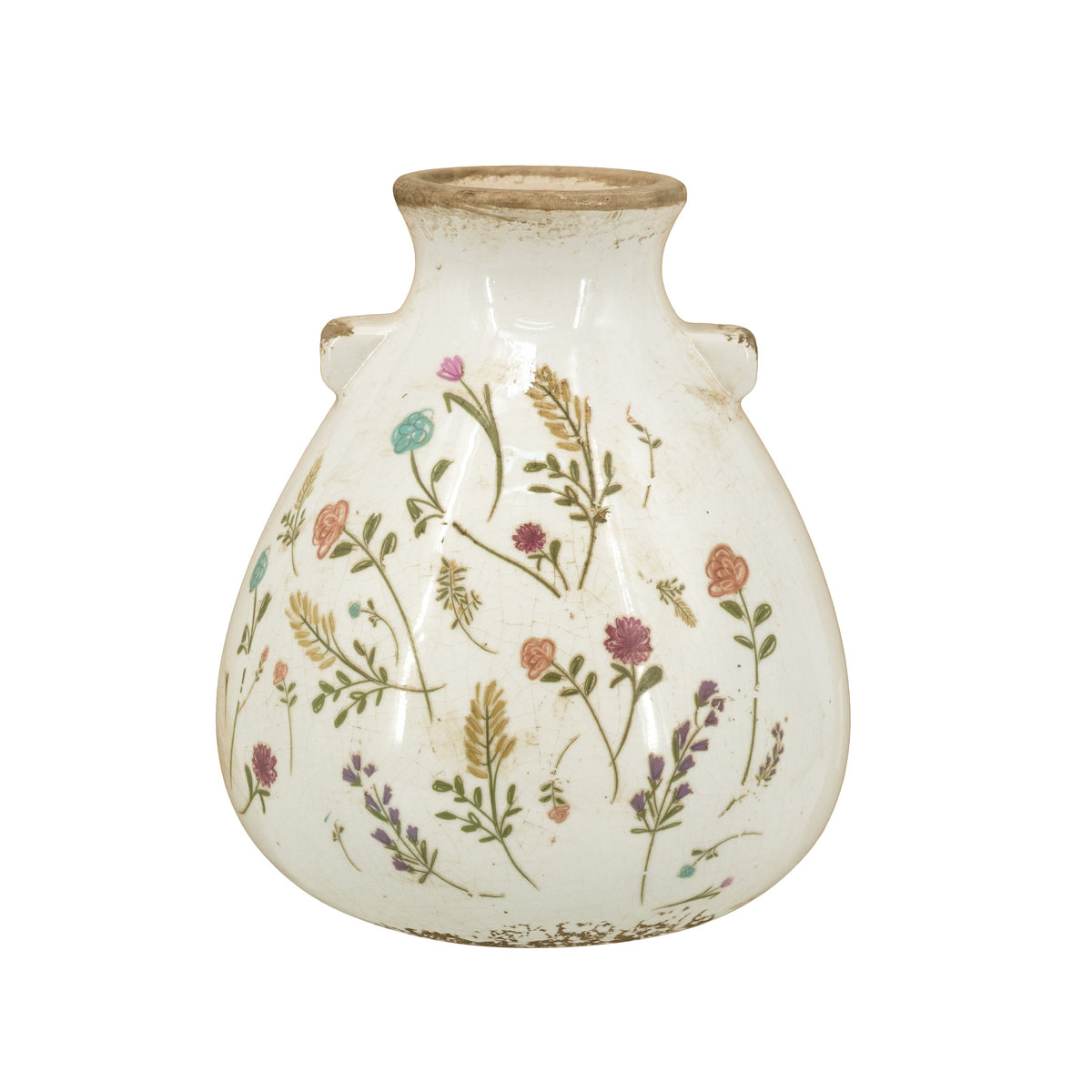 6.7x6.7x7.7" Round Ceramic Accent Vase with Multi-Colored Floral Motifs