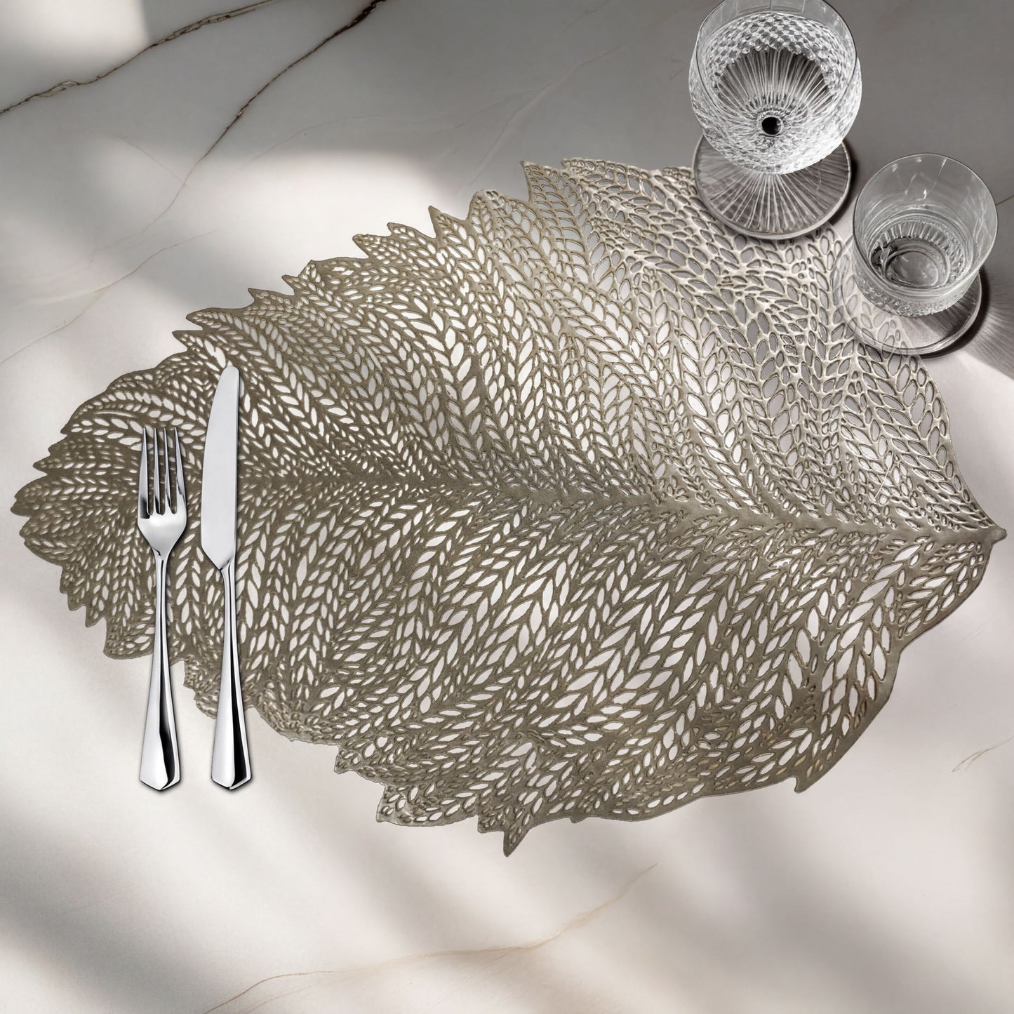 Vinyl Placemats Set - Leaf Cut Out Gold Table Mats, Heat Resistant & Non Slip