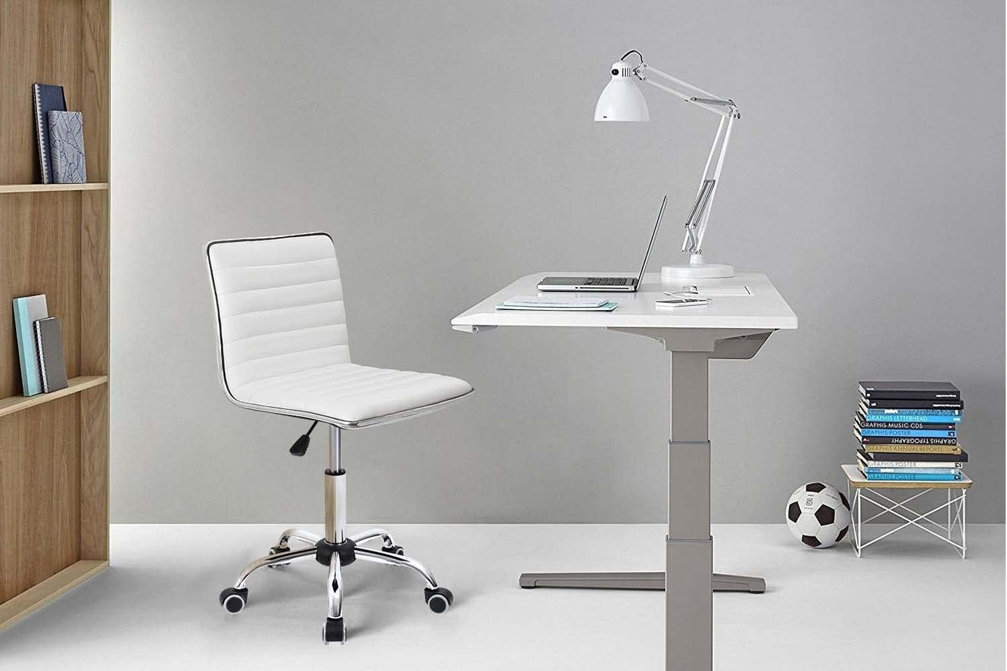 Mid Back Vanity Chair White PU Leather Swivel Office Chair