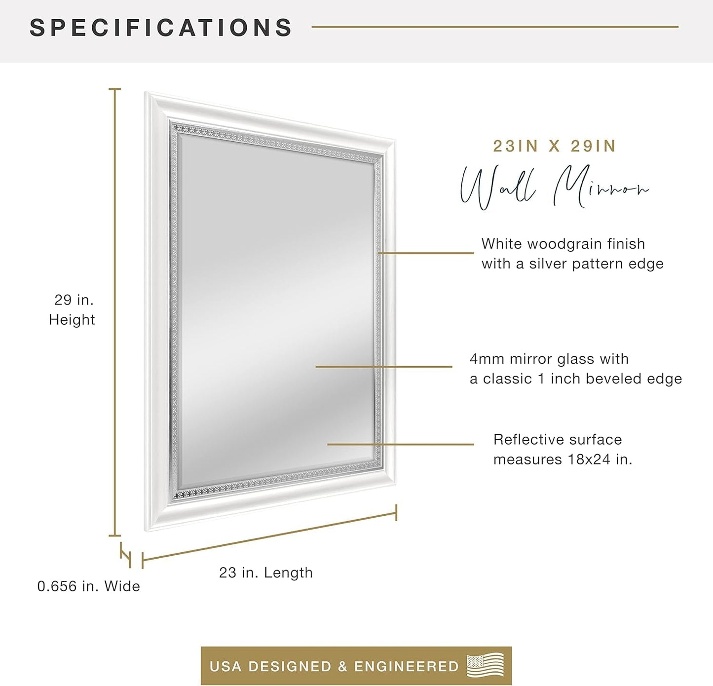 23x29 White Woodgrain Wall Mirror With Beveled Edge