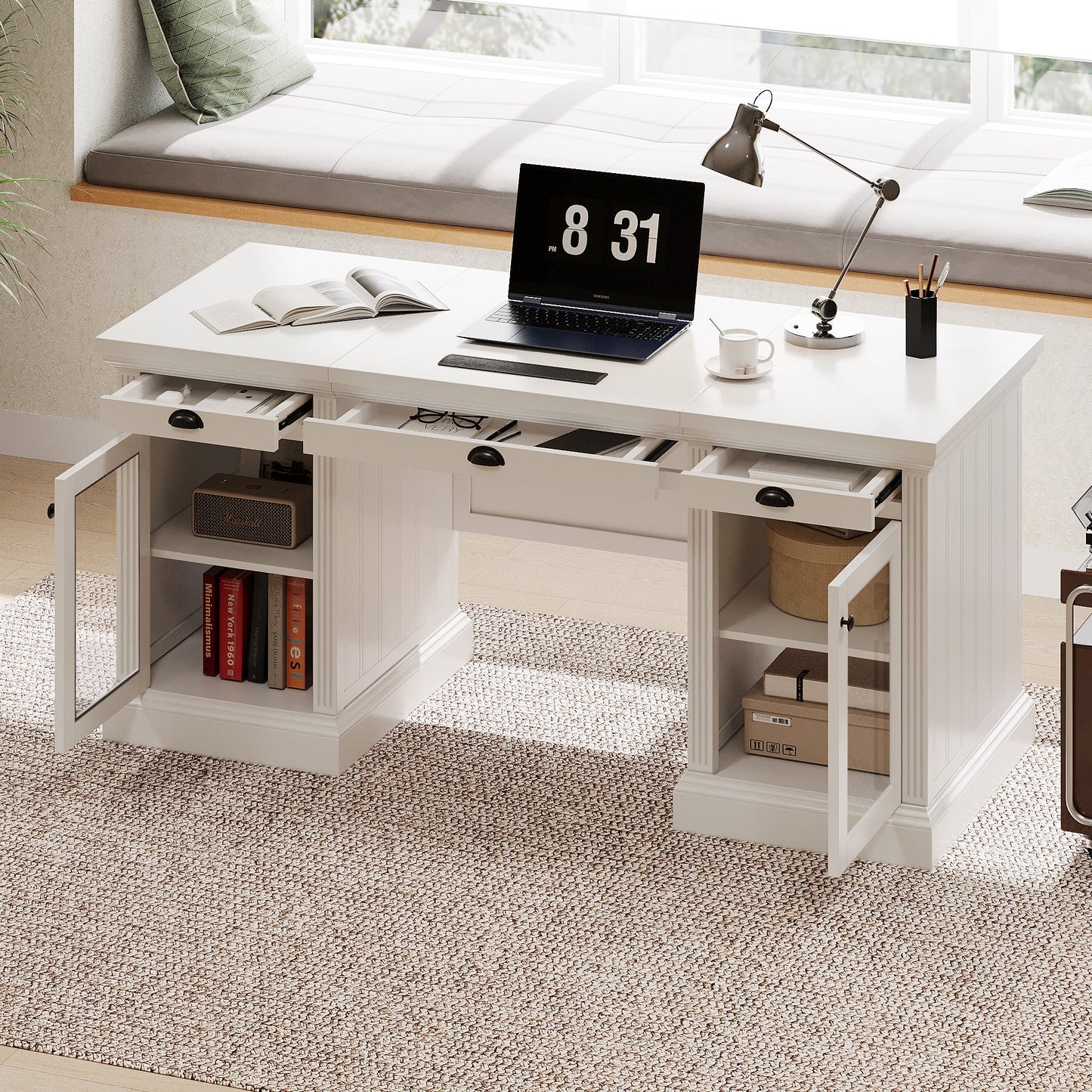 67" Modern Executive Desk with Glass Doors and Drawers