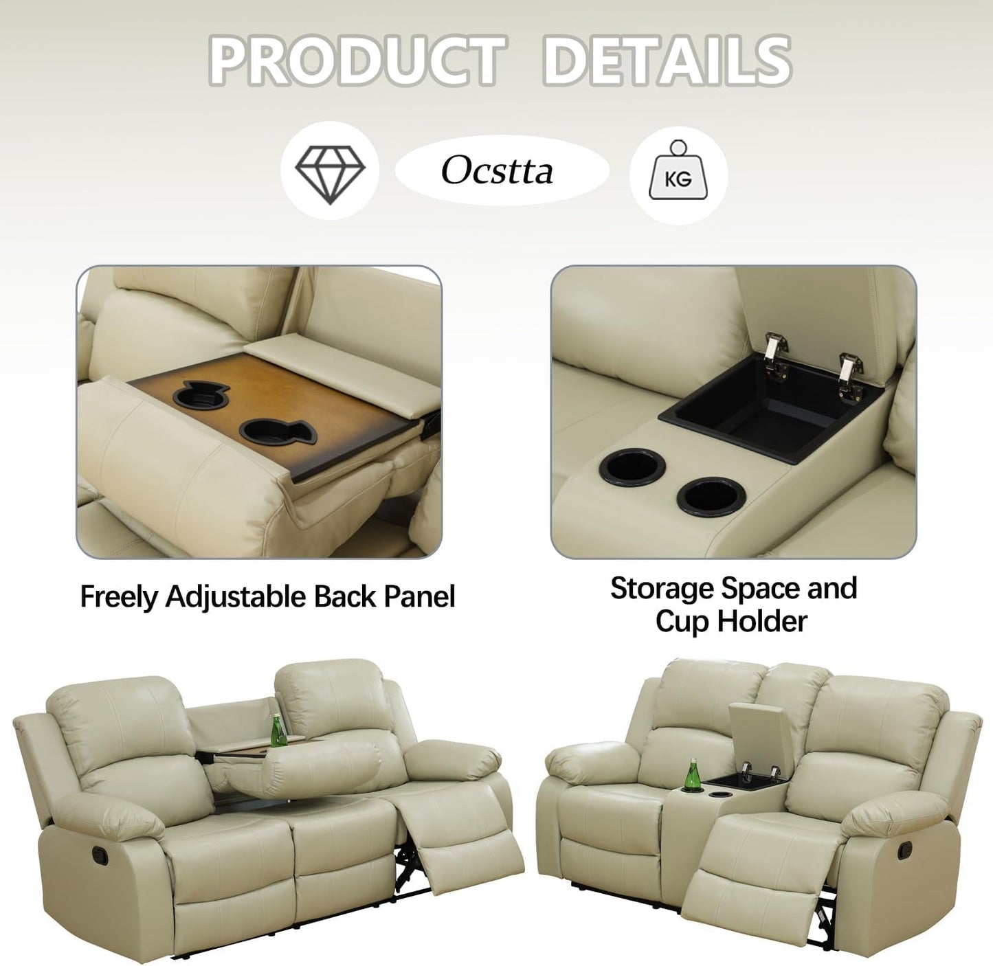 Beige Manual Leather 3 Piece Recliner Sofa Set For Living Room