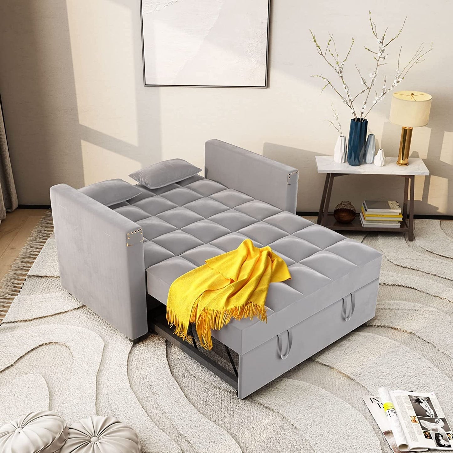 Sofa Bed With Hidden Table Velvet Fabric For Small Spaces