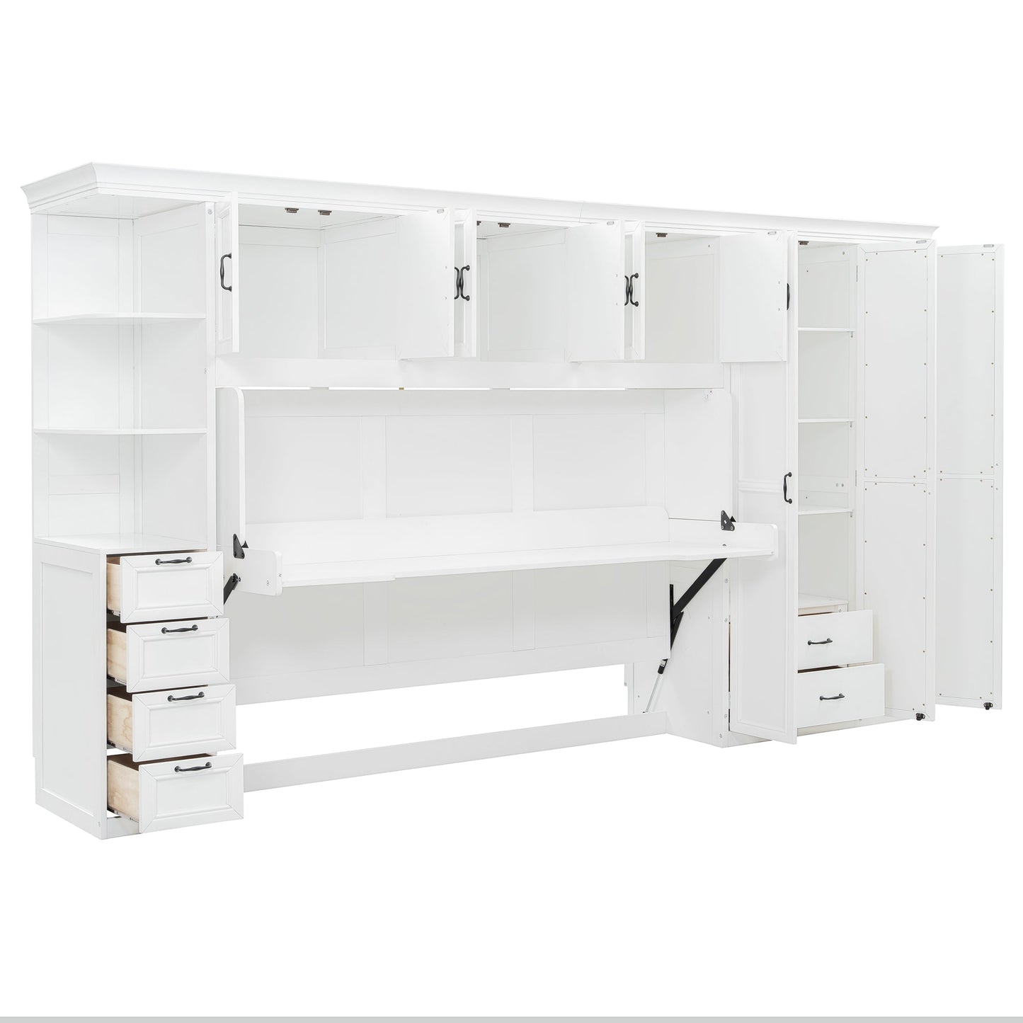 Twin Size Murphy Bed Wall Bed with Wardrobe, Cabinet and Desk, White