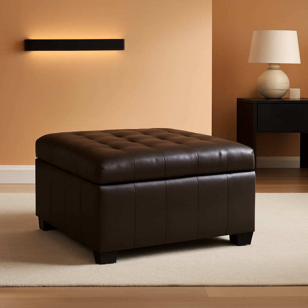 Marbled Brown Leather Storage Ottoman for Living Room on a beige carpet in a modern living room setting.