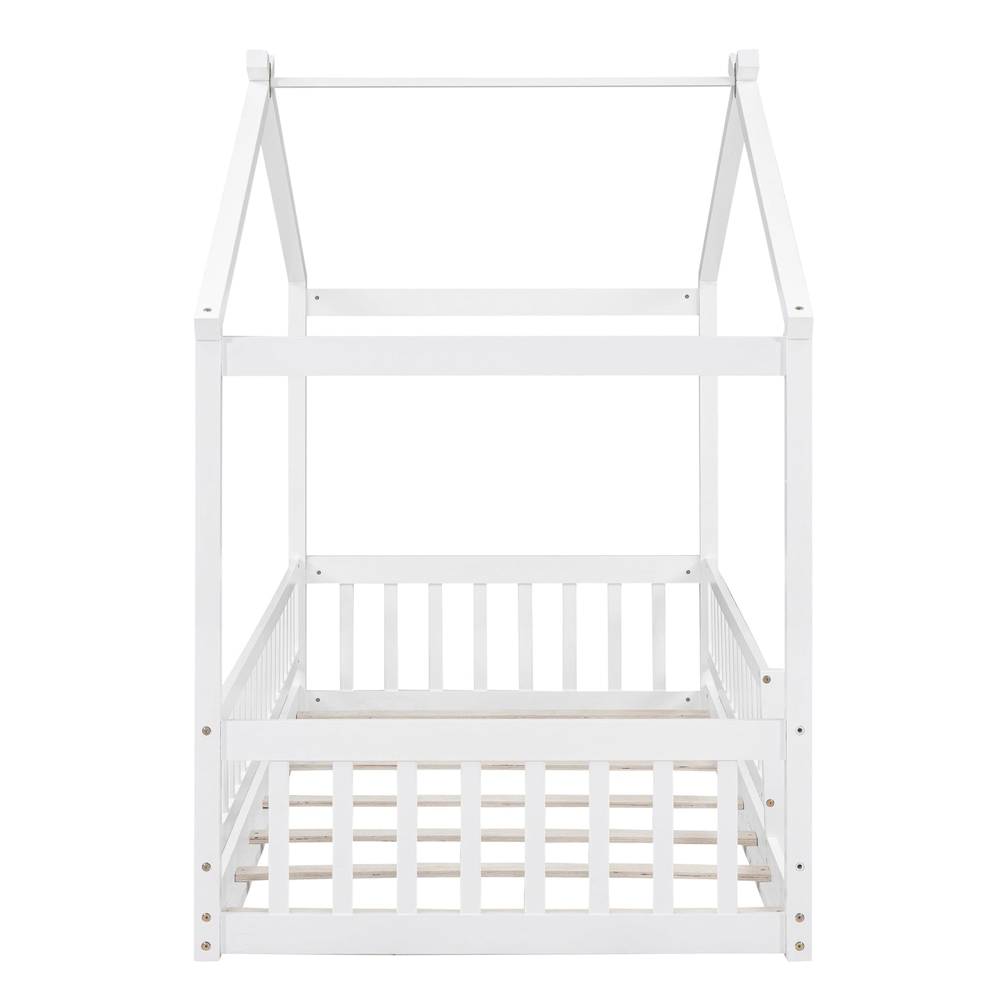 Twin Size Wood Bed House Bed Frame with Fence, for Kids, Teens, Girls, Boys,White