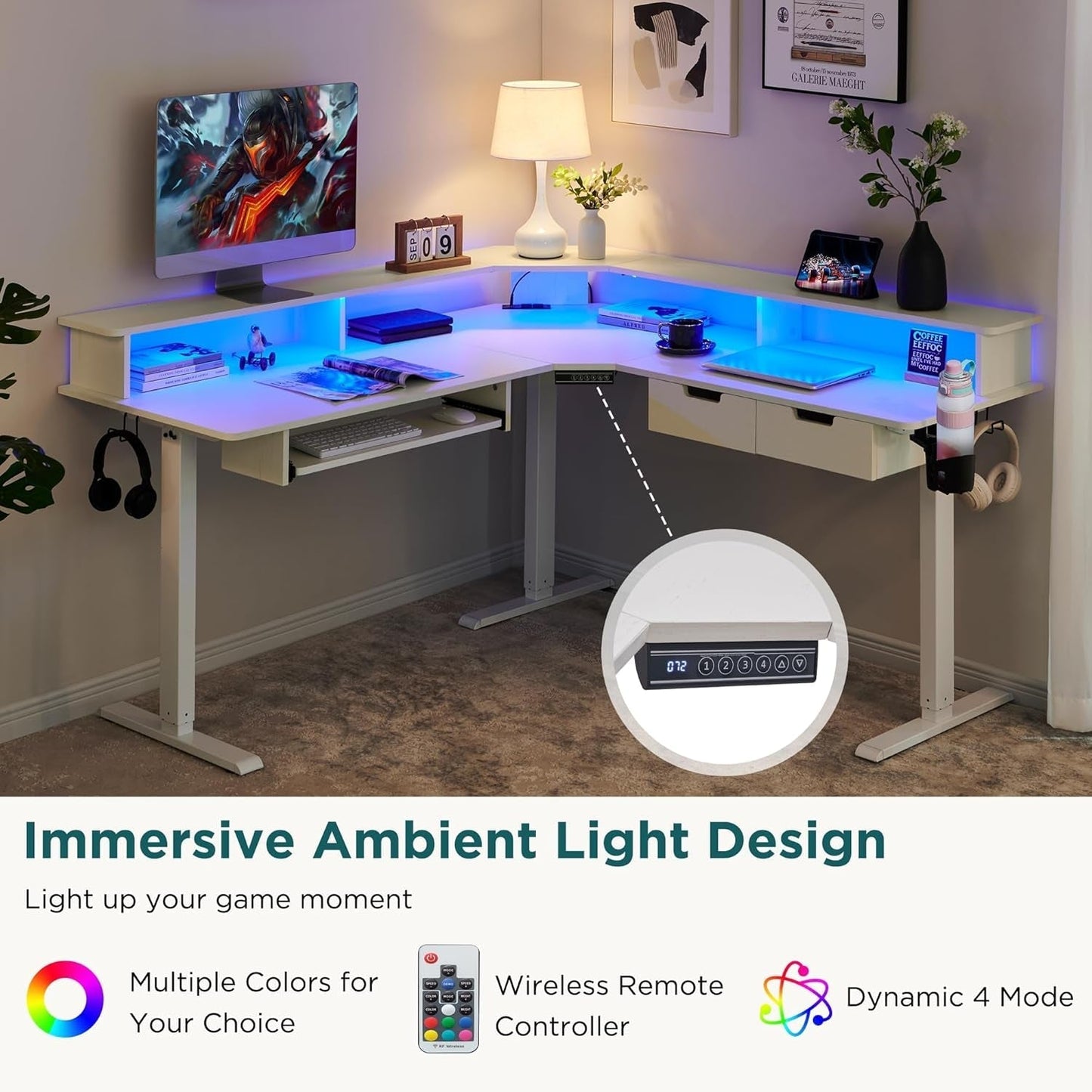 60 Inch L Shaped Electric Standing Desk Antique White