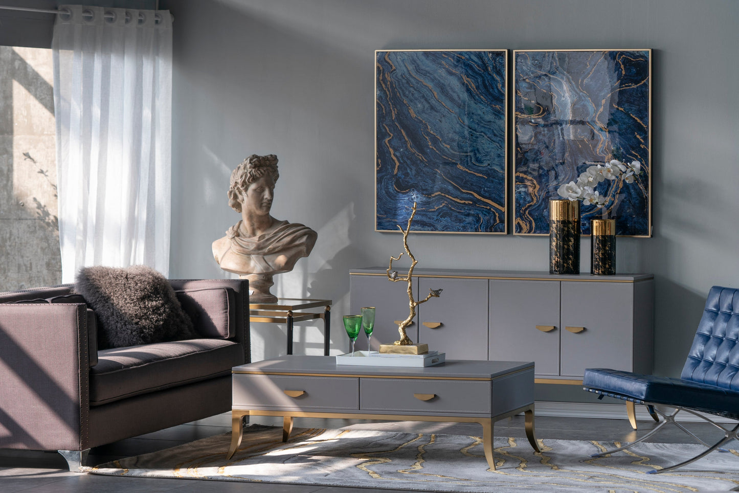 The Oceanus Elegance™ — Marbled Blue & Gold Panel Wall Art