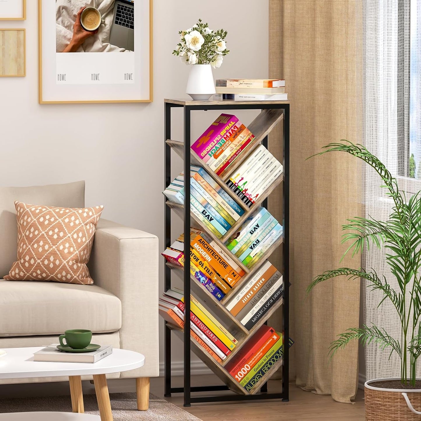 Tree Bookshelf 9 Tier Floor Standing Wooden Bookcase For Small Spaces