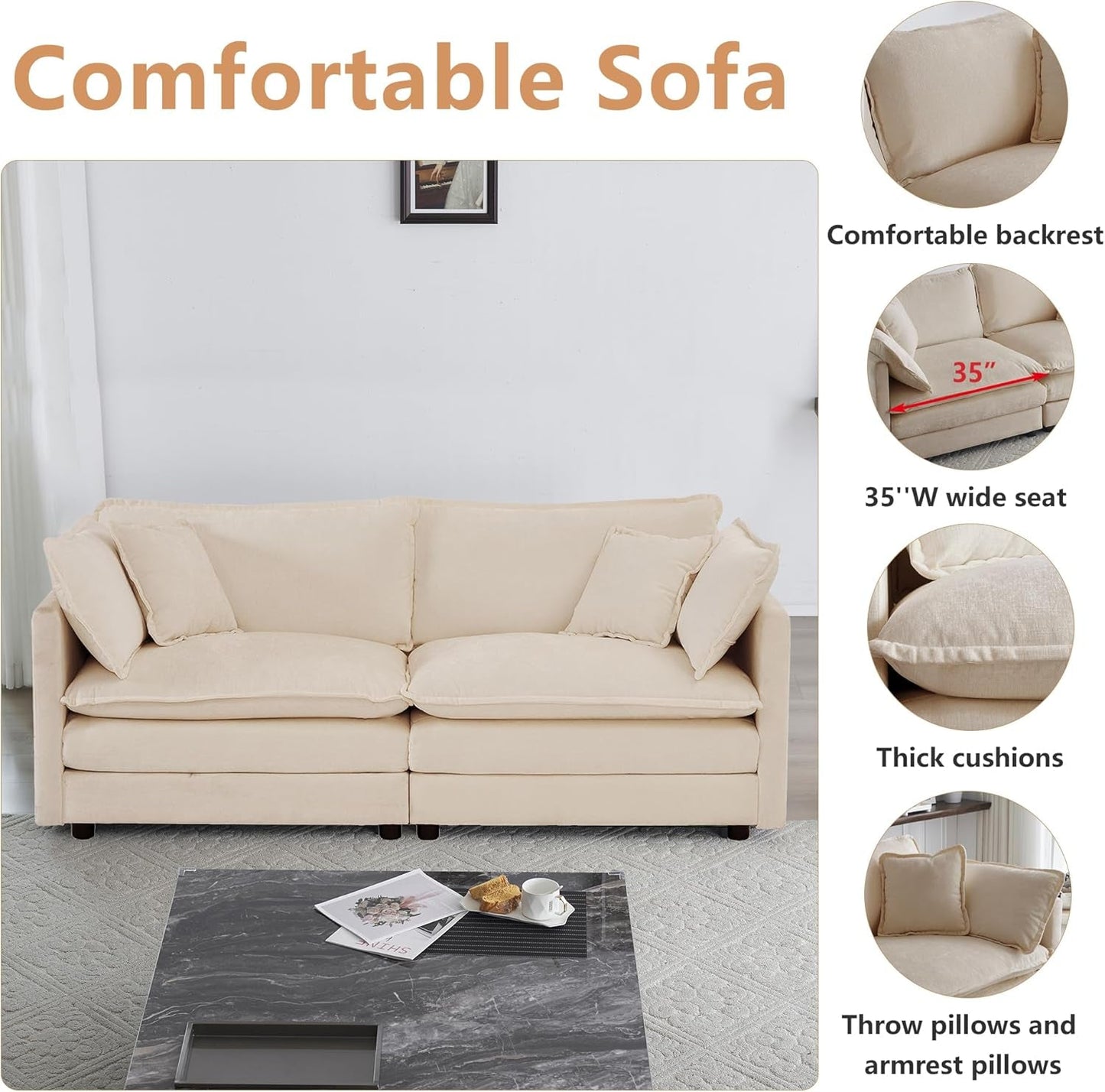 Chenille 76 Inch Loveseat Sofa Light Coffee Armrest Pillows