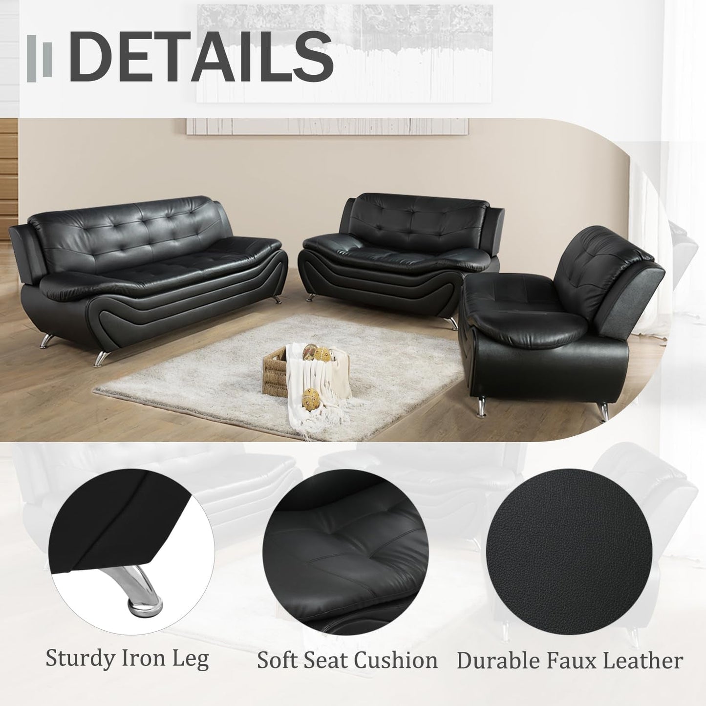 3 Piece Faux Leather Sofa Set For Living Room Black 3 Seater Sofa Loveseat Armchair