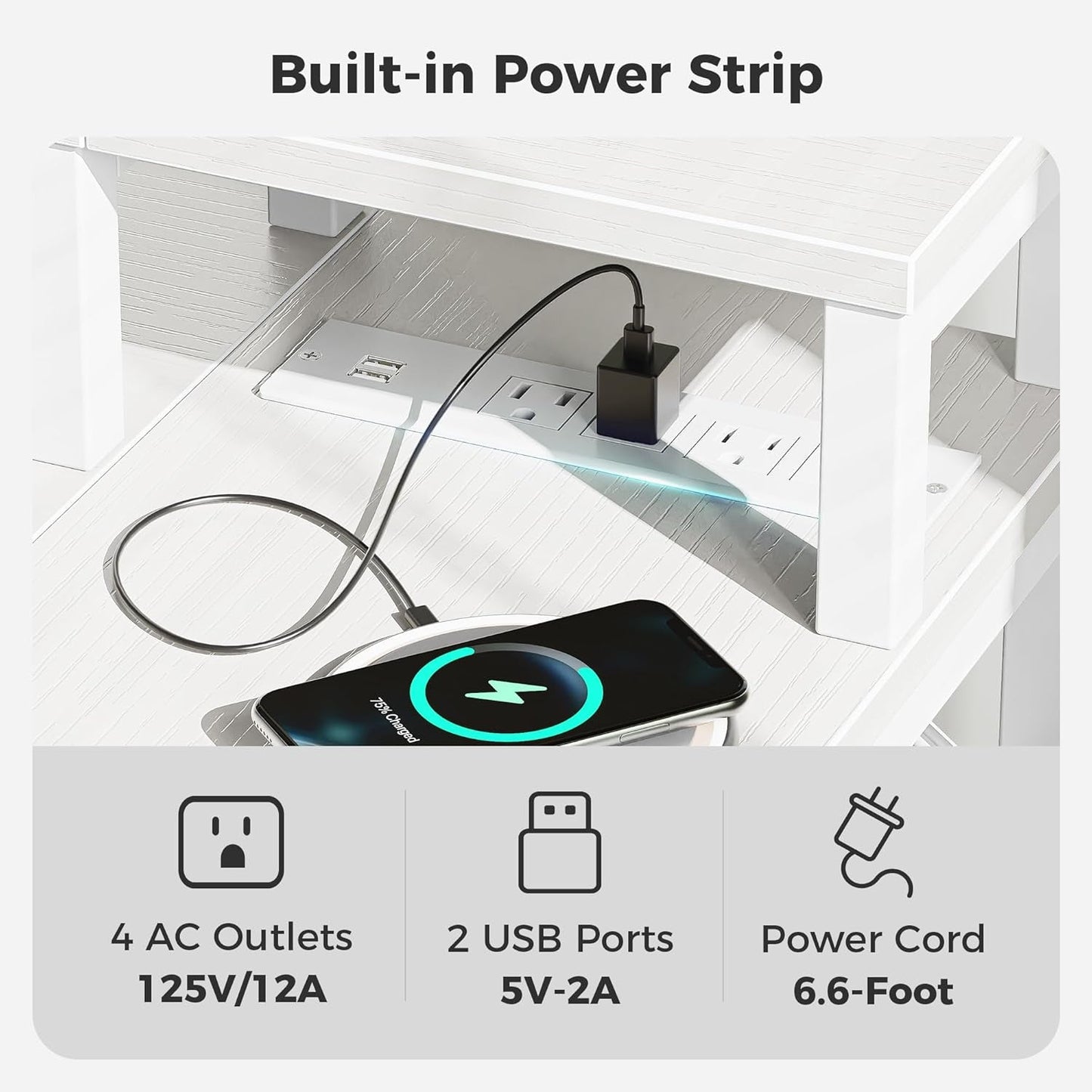 47 Inch White L Shaped Desk With LED Power Drawer Unit