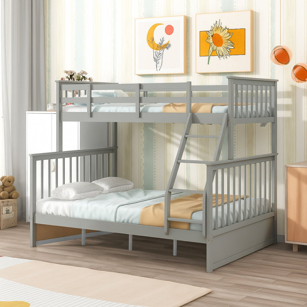 Twin Over Full Bunk Bed, Wooden Bunk Bed with Ladder and Safety Guard Rails – Gray