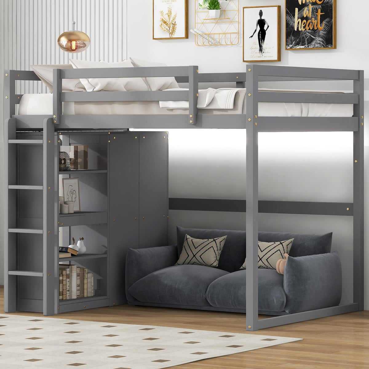 Wood Full Size Loft Bed With Built-in Wardrobe and Storage Shelves