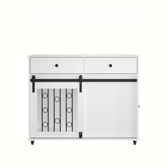 Dog Crate Furniture With Double Drawers And Sliding Barn Door, Pet Kennel For Small To Medium Dogs - White