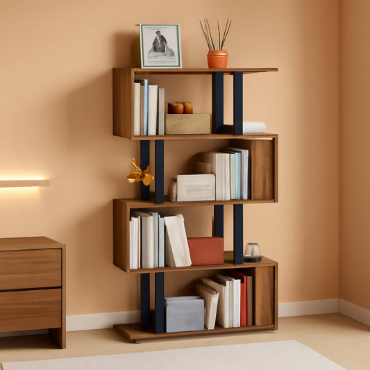 S Shaped 5 Tier Bookshelf Bookcase In Retro Brown Finish