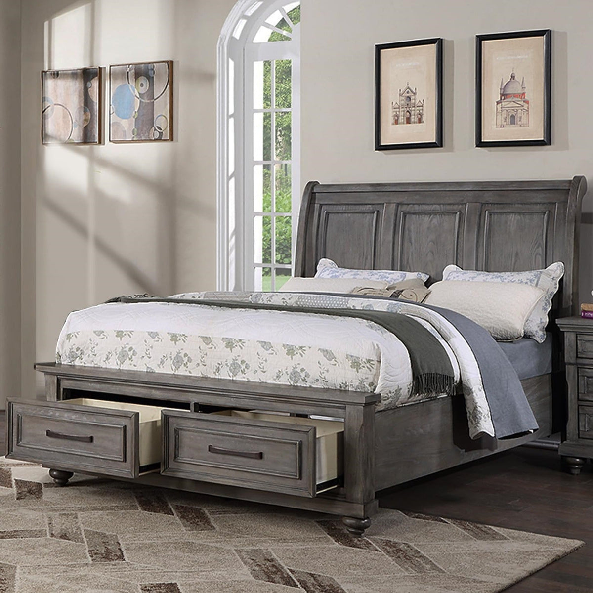 Vintage Queen Size Bed with Underbed Drawer and Nightstands