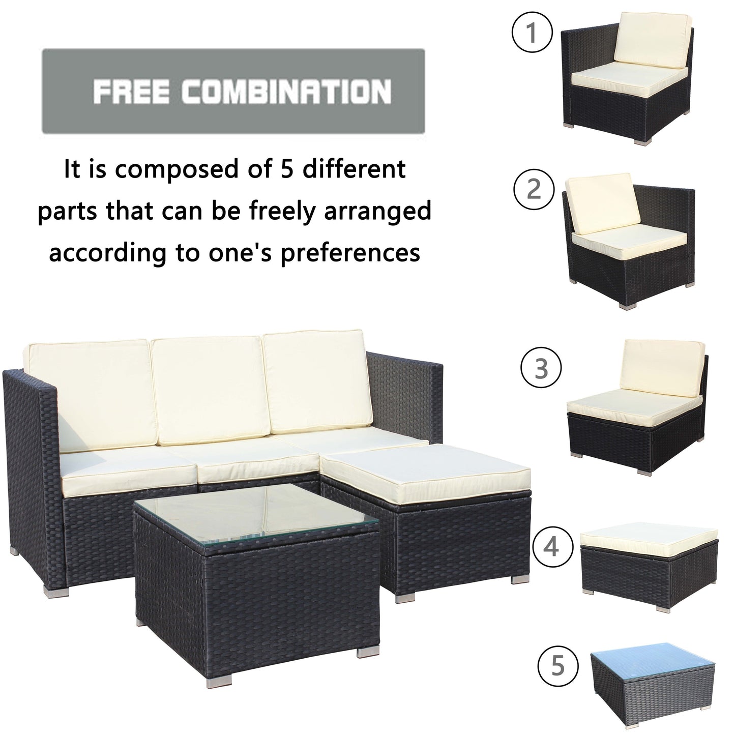 Outdoor 5-Piece PE Rattan Wicker Patio Sofa Set with Coffee Table