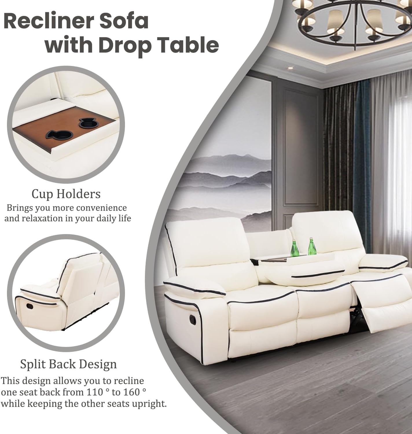 Cream White Bonded Leather Recliner Sofa Set With Manual Recliner