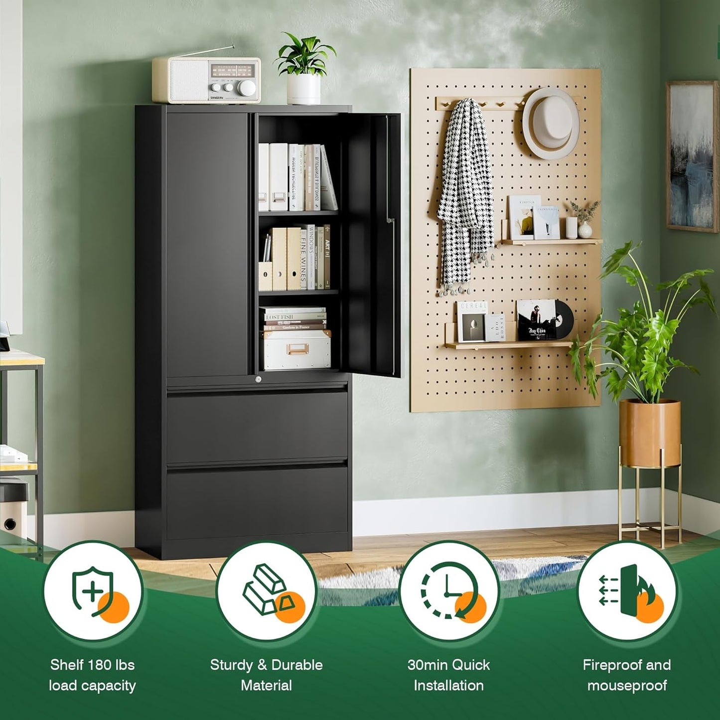 Locking Metal File Cabinet With Adjustable Shelves Black