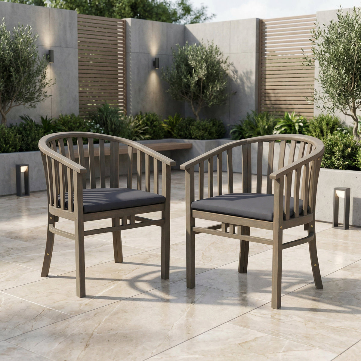 Outdoor Wooden Dining Chairs With Cushions, Set of 2, Dark