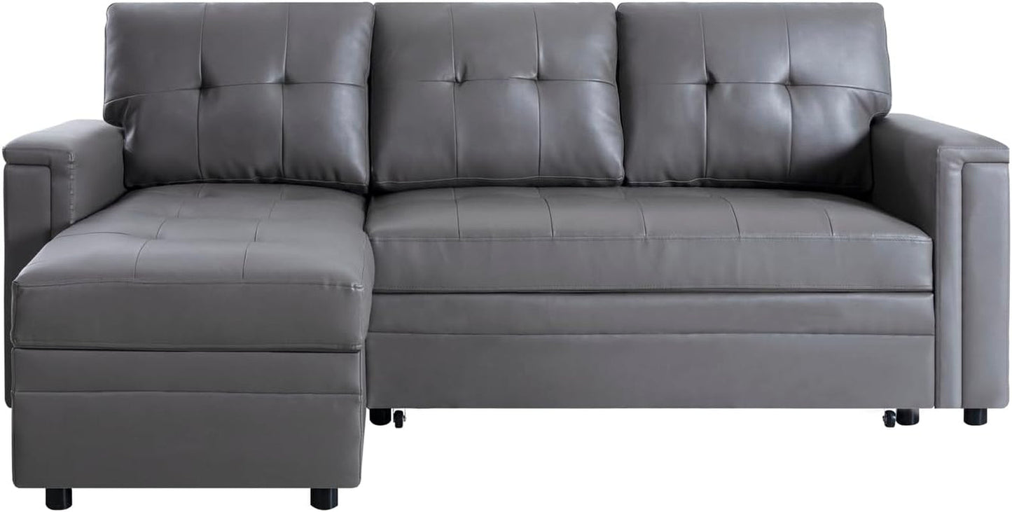 L Shaped Sectional Sleeper Sofa With USB Ports Gray Leather