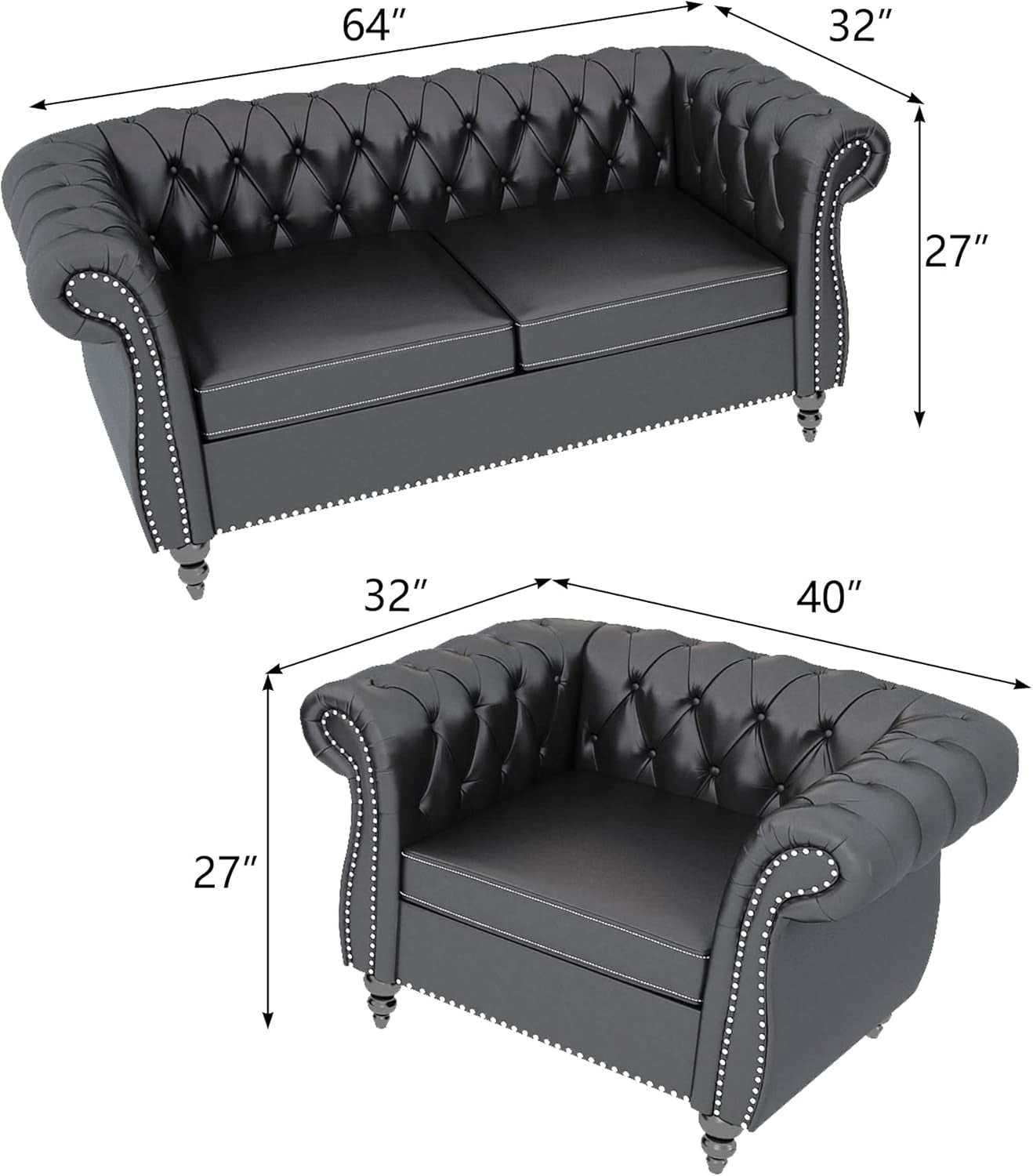 Sectional PU Leather Modular Sofa Couches, Black Tufted Cushions
