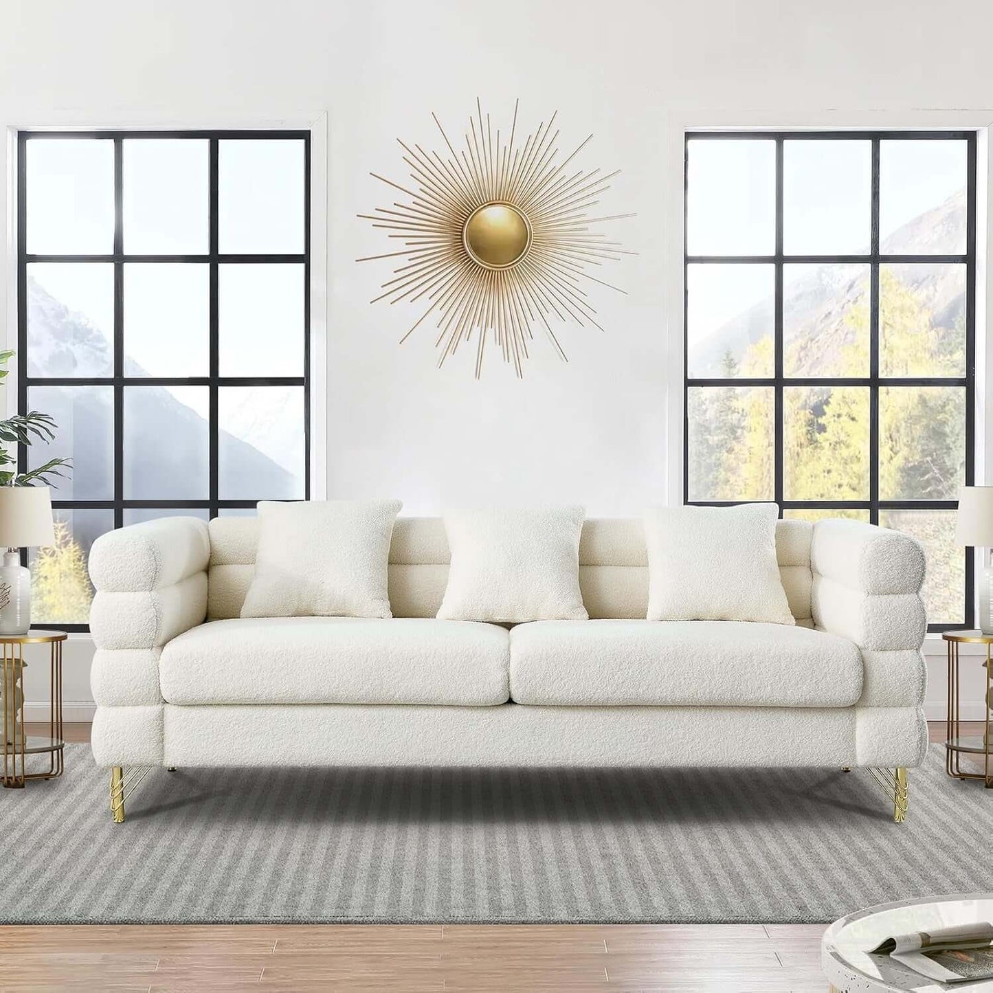 Two Piece Living Room Sofa Set White Teddy Boucle with loveseat and three seater deep seat cushioned upholstered sofa.