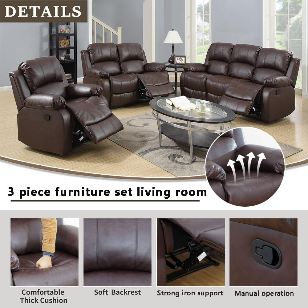 Brown Leather 3 Piece Recliner Sofa Living Room Set