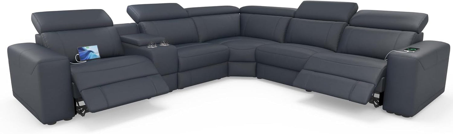 Grey Leather Power Recliner Sofa With Center Console