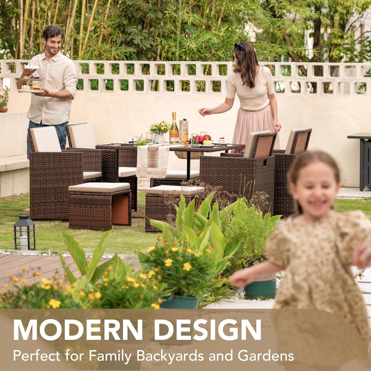 9 Piece Outdoor Patio Dining Set Rattan Chairs With Glass Table Beige Cushioned