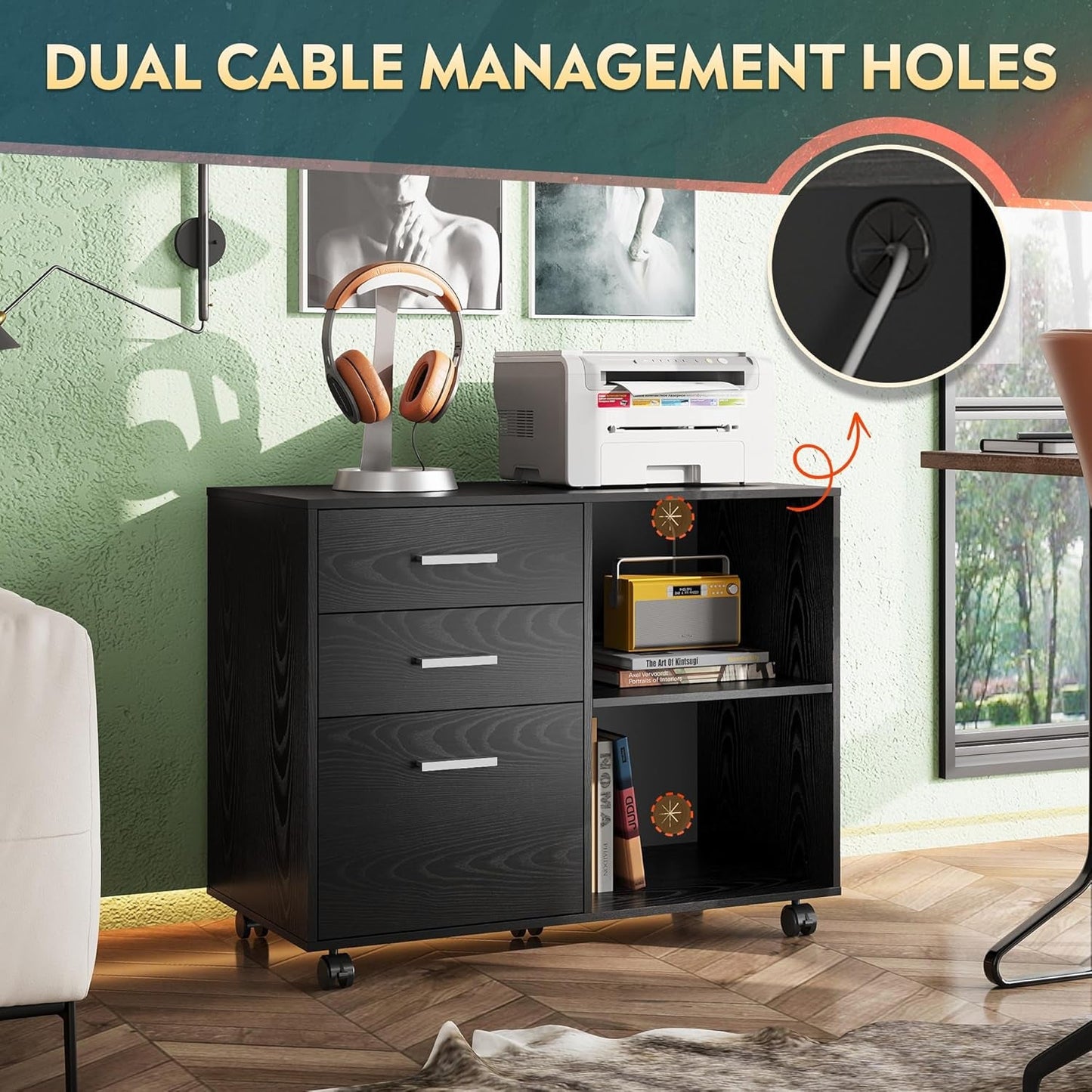 Black 3 Drawer Mobile File Cabinet And Printer Stand With Open Shelves Wood Lateral Filing Cabinet For Home Office