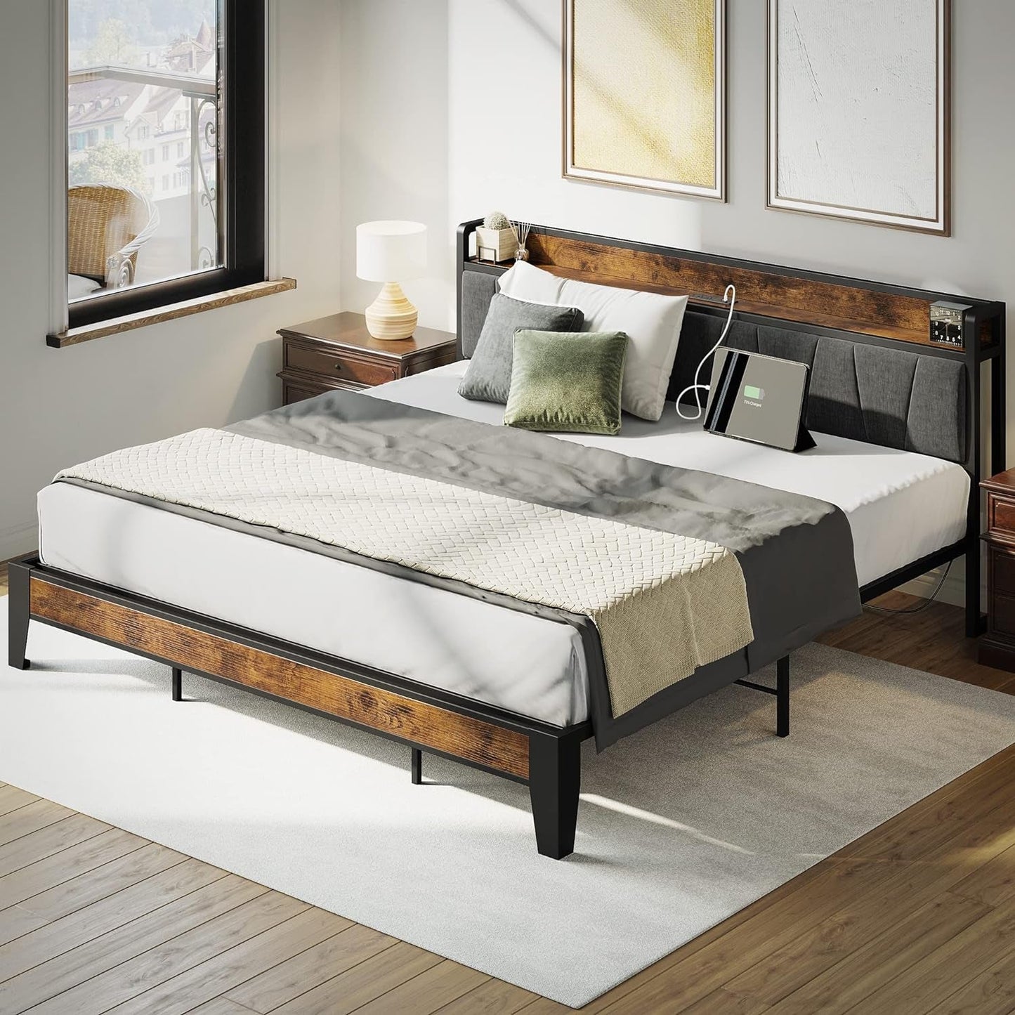 King Size Bed Frame With Storage Headboard And USB Charging Ports